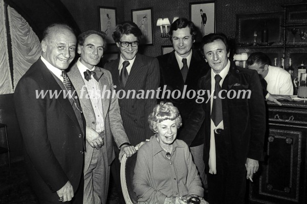 Pierre Balmain, Pierre Cardin, Yves Saint Laurent, JL Scherrer, Guy Laroche, Eugenia Sheppard, Paris 26 Jan 1976. Photo Guy Marineau.